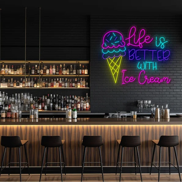 neon sign ice cream cone with life is better text wall decor 3