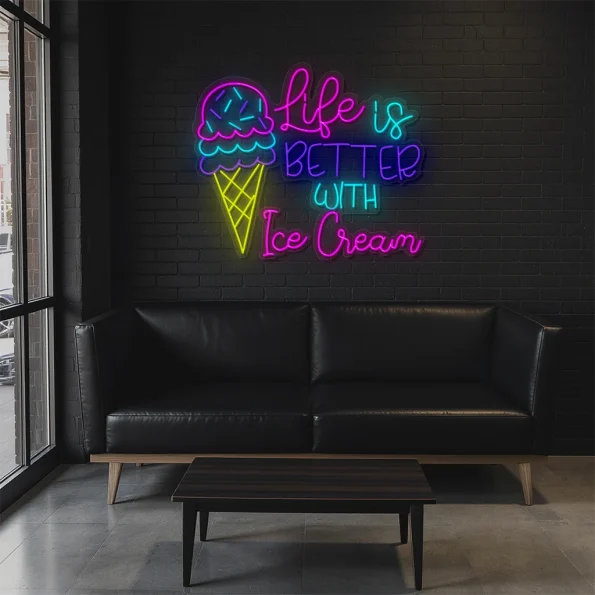 neon sign ice cream cone with life is better text wall decor 4