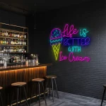 neon sign ice cream cone with life is better text wall decor 1