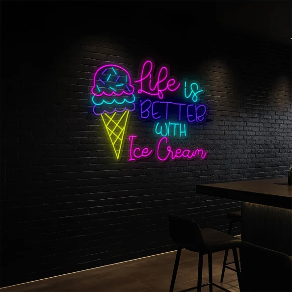 neon sign ice cream cone with life is better text wall decor 6