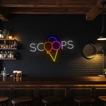 neon sign ice cream scoops text with cone shape bar decor 1