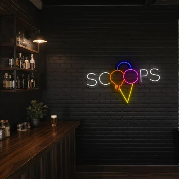 neon sign ice cream scoops text with cone shape bar decor 2