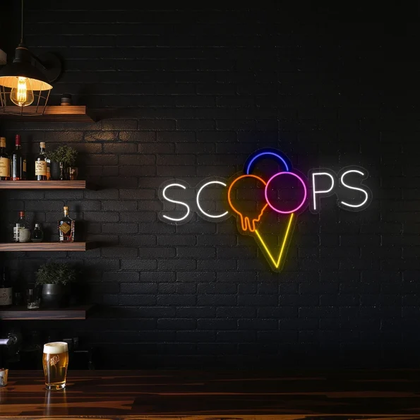 neon sign ice cream scoops text with cone shape bar decor 3