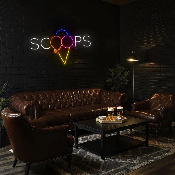 neon sign ice cream scoops text with cone shape bar decor 4