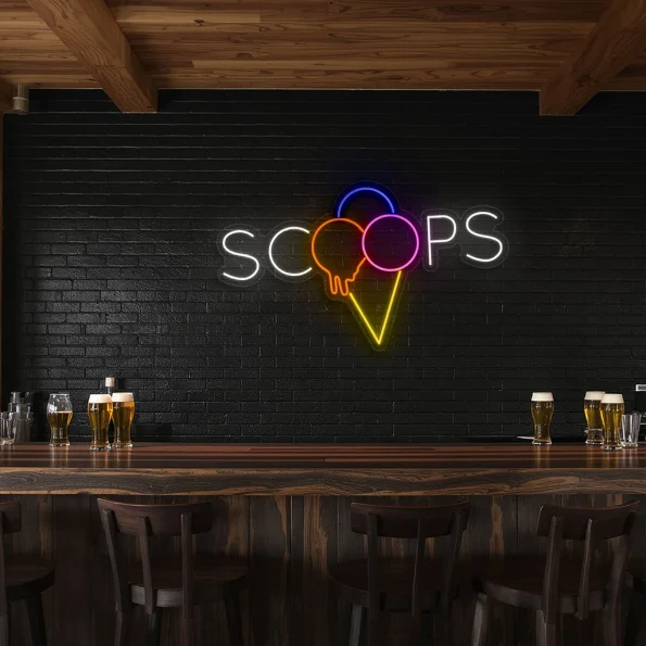 neon sign ice cream scoops text with cone shape bar decor 5