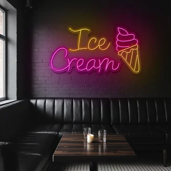 neon sign ice cream text and cone shape cafe wall decor 2