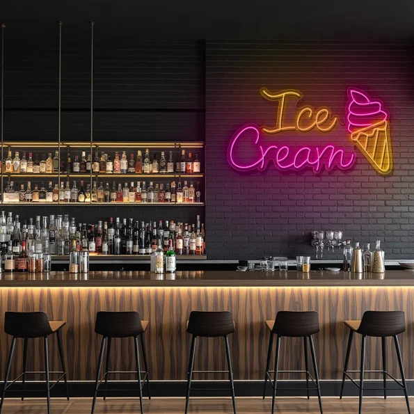 neon sign ice cream text and cone shape cafe wall decor 3
