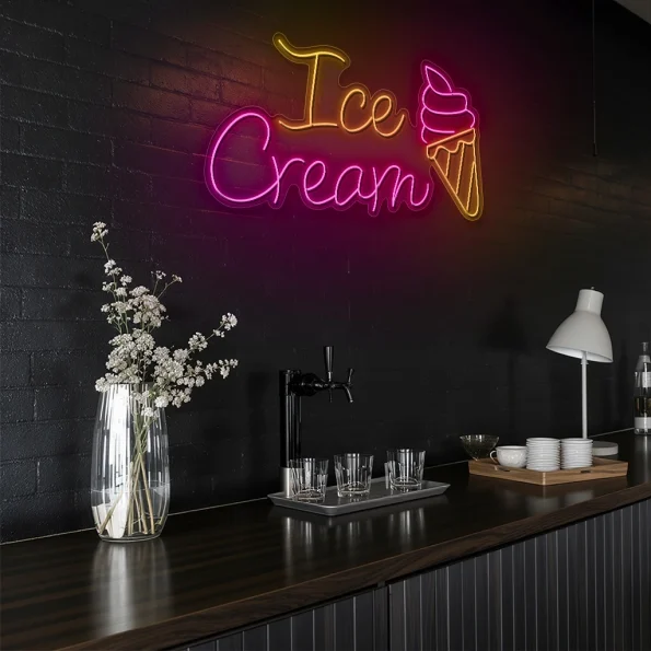 neon sign ice cream text and cone shape cafe wall decor 4