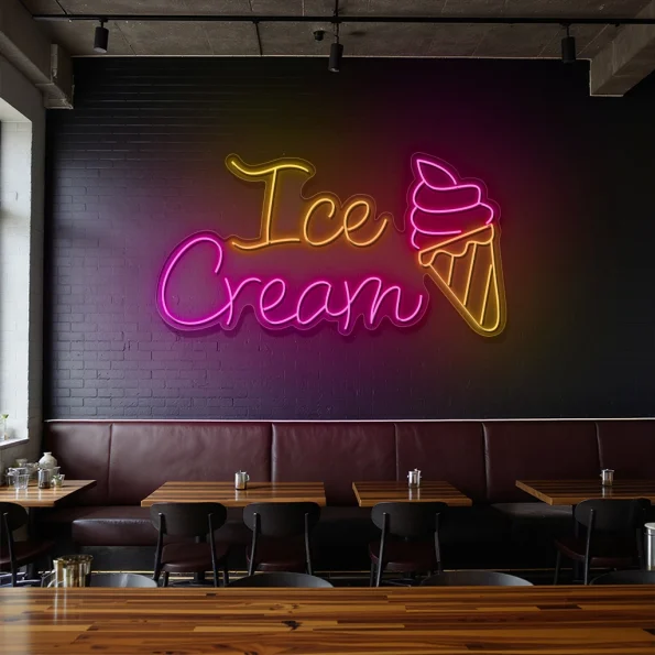 neon sign ice cream text and cone shape cafe wall decor 5