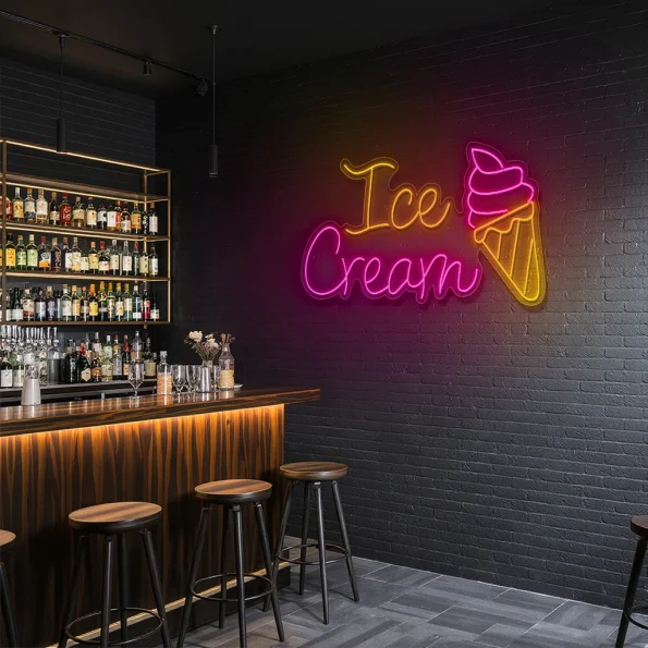 neon sign ice cream text and cone shape cafe wall decor 6