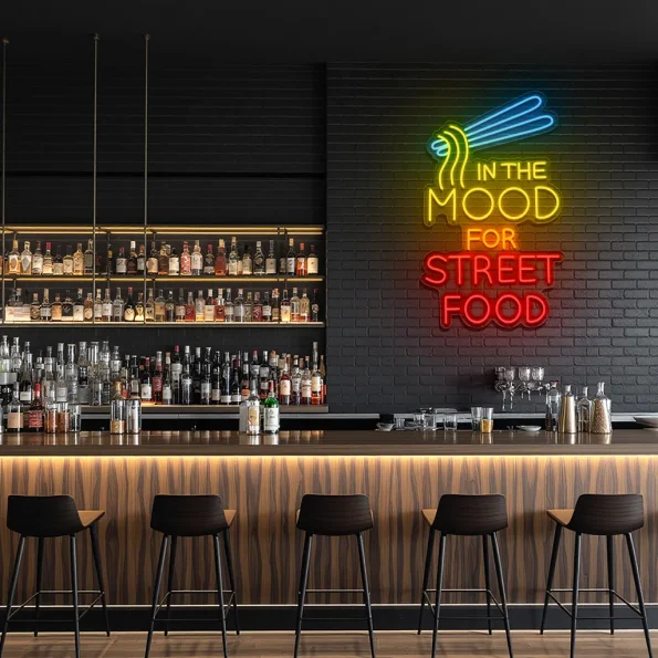 neon sign in the mood for street food with noodles icon 3