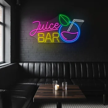 neon sign juice bar with drink icon and colorful wall decor 2