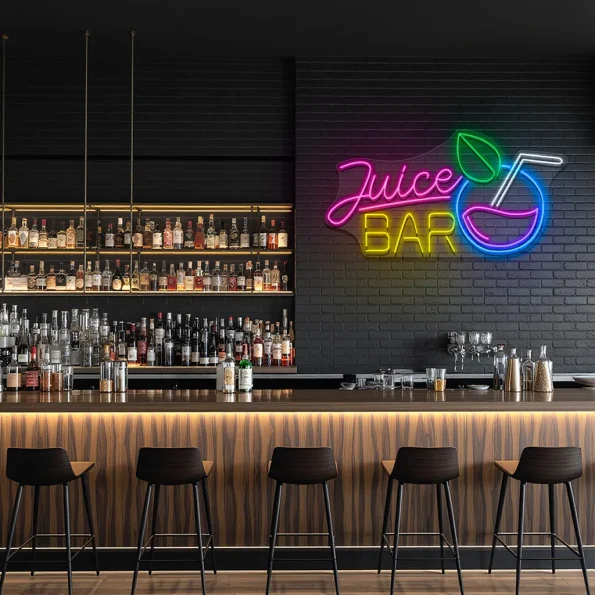 neon sign juice bar with drink icon and colorful wall decor 3