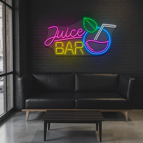 neon sign juice bar with drink icon and colorful wall decor 5