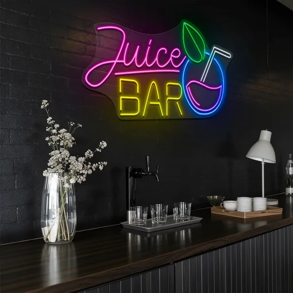 neon sign juice bar with drink icon and colorful wall decor 6