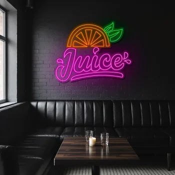 neon sign juice text with orange slice and leaf fruit decor 1