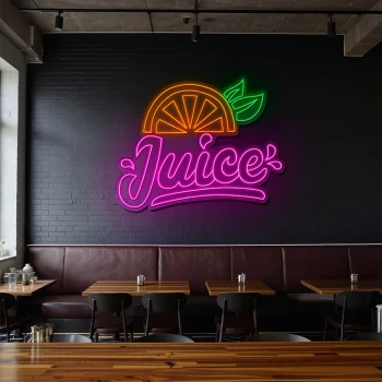 neon sign juice text with orange slice and leaf fruit decor 2