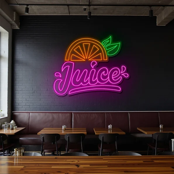 neon sign juice text with orange slice and leaf fruit decor 2