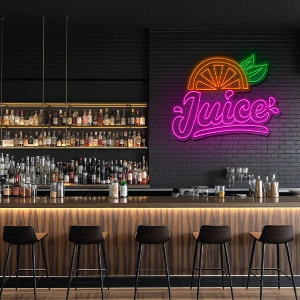 neon sign juice text with orange slice and leaf fruit decor 3