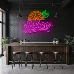 neon sign juice text with orange slice and leaf fruit decor 1