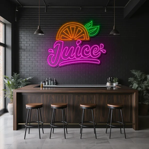 neon sign juice text with orange slice and leaf fruit decor 5