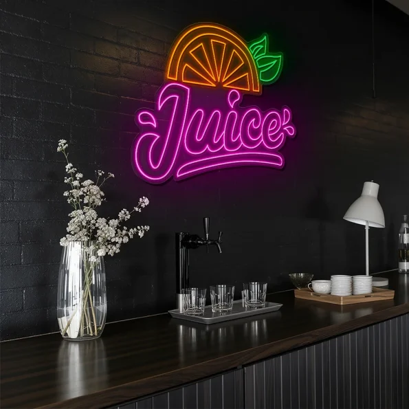 neon sign juice text with orange slice and leaf fruit decor 6