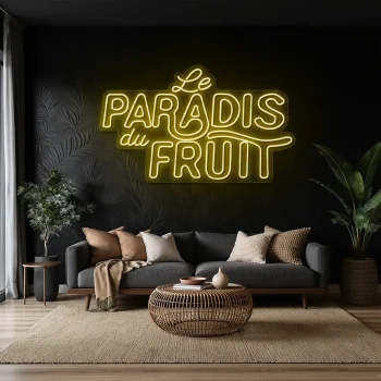 neon sign le paradis du fruit text yellow wall decor 1