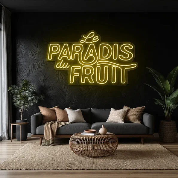 neon sign le paradis du fruit text yellow wall decor 1