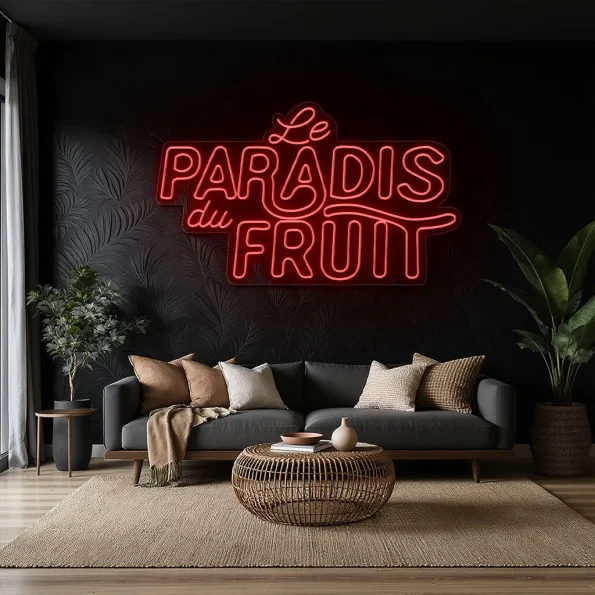 neon sign le paradis du fruit text yellow wall decor 4