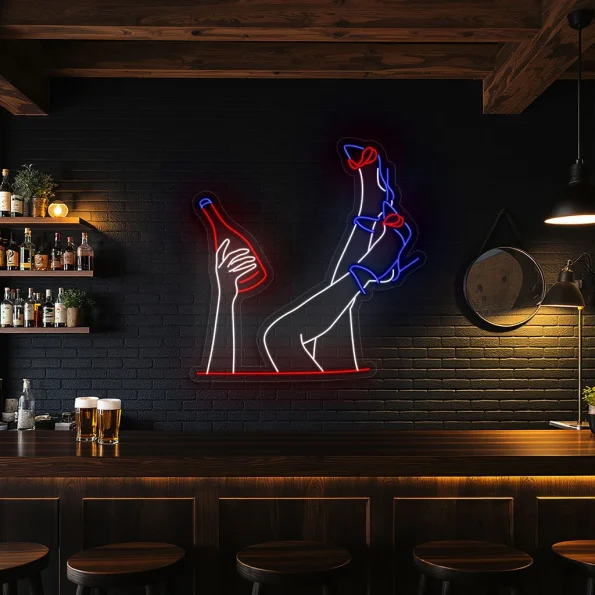 neon sign legs and bottle bar wall decor 1
