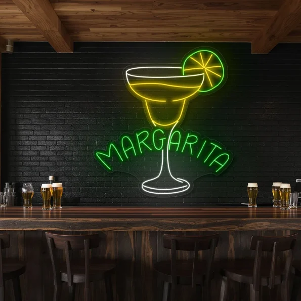 neon sign margarita cocktail glass with lime slice bar decor 2