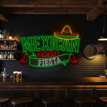 neon sign mexican food fiesta with sombrero and chili decor 1