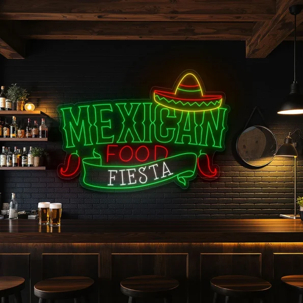 neon sign mexican food fiesta with sombrero and chili decor 1
