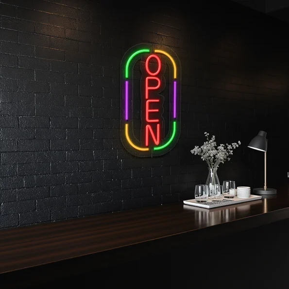 neon sign open text with colorful frame for bar decor 4
