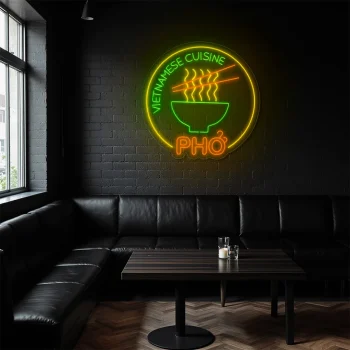 neon sign pho vietnamese cuisine bowl with chopsticks restaurant 1