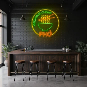 neon sign pho vietnamese cuisine bowl with chopsticks restaurant 2