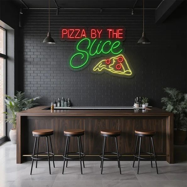 neon sign pizza by the slice with slice icon bar decor 1
