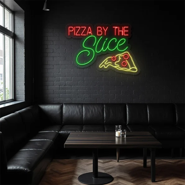 neon sign pizza by the slice with slice icon bar decor 2