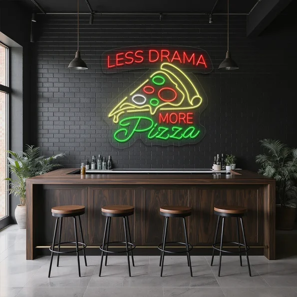 neon sign pizza slice with less drama more pizza text bar decor 1