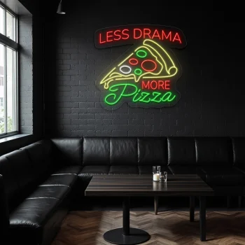 neon sign pizza slice with less drama more pizza text bar decor 2
