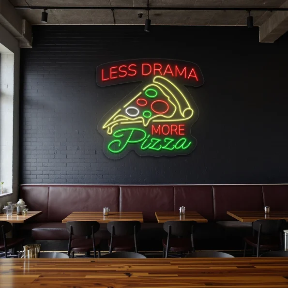 neon sign pizza slice with less drama more pizza text bar decor 3