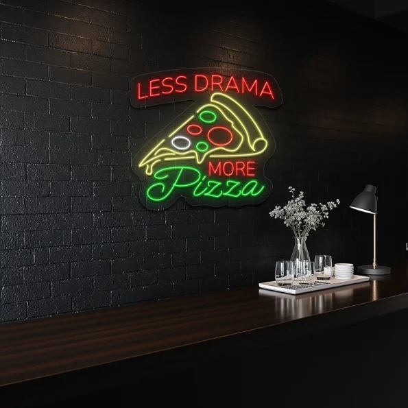 neon sign pizza slice with less drama more pizza text bar decor 4
