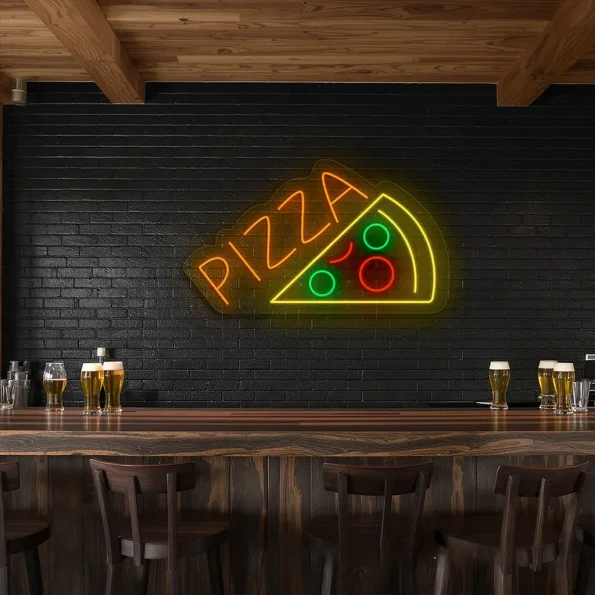 neon sign pizza slice with toppings bar decor 1