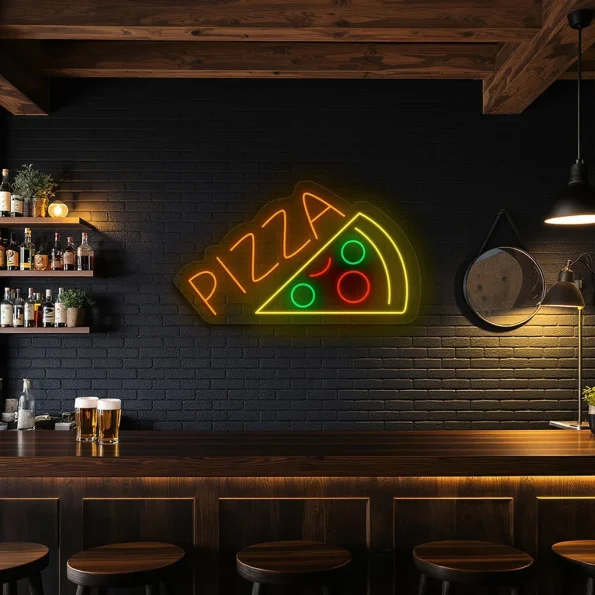 neon sign pizza slice with toppings bar decor 6