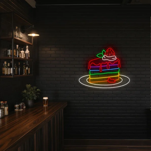 neon sign rainbow cake slice with strawberry dessert bar decor 2