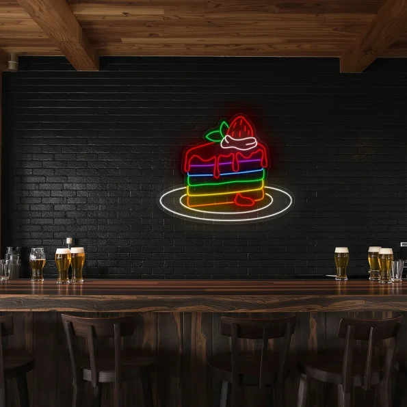 neon sign rainbow cake slice with strawberry dessert bar decor 5