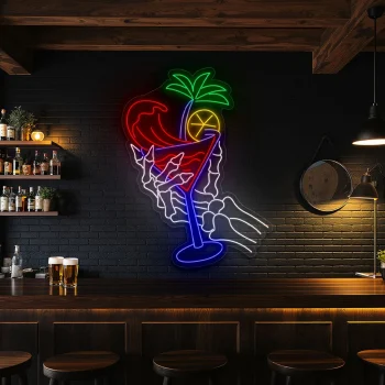 neon sign skeleton hand holding cocktail glass bar decor 1
