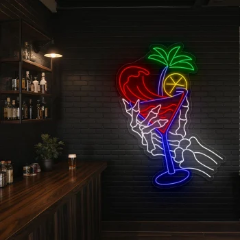 neon sign skeleton hand holding cocktail glass bar decor 2