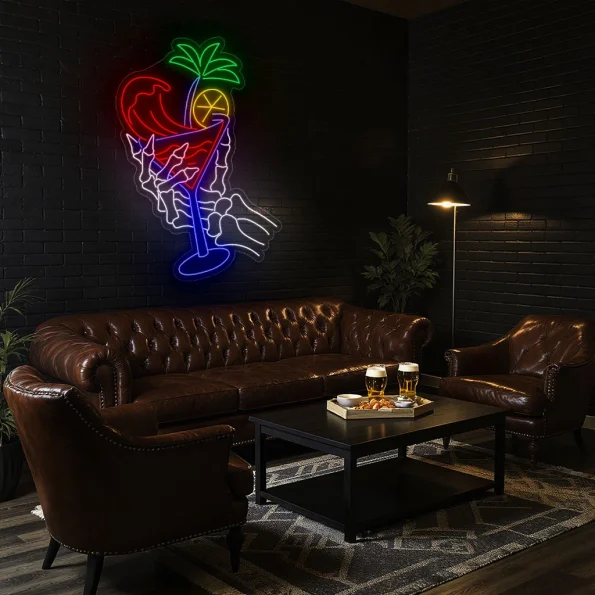 neon sign skeleton hand holding cocktail glass bar decor 4