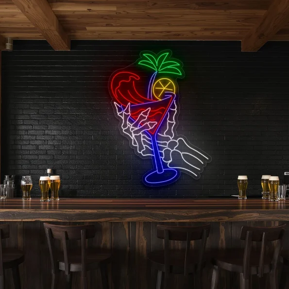 neon sign skeleton hand holding cocktail glass bar decor 5